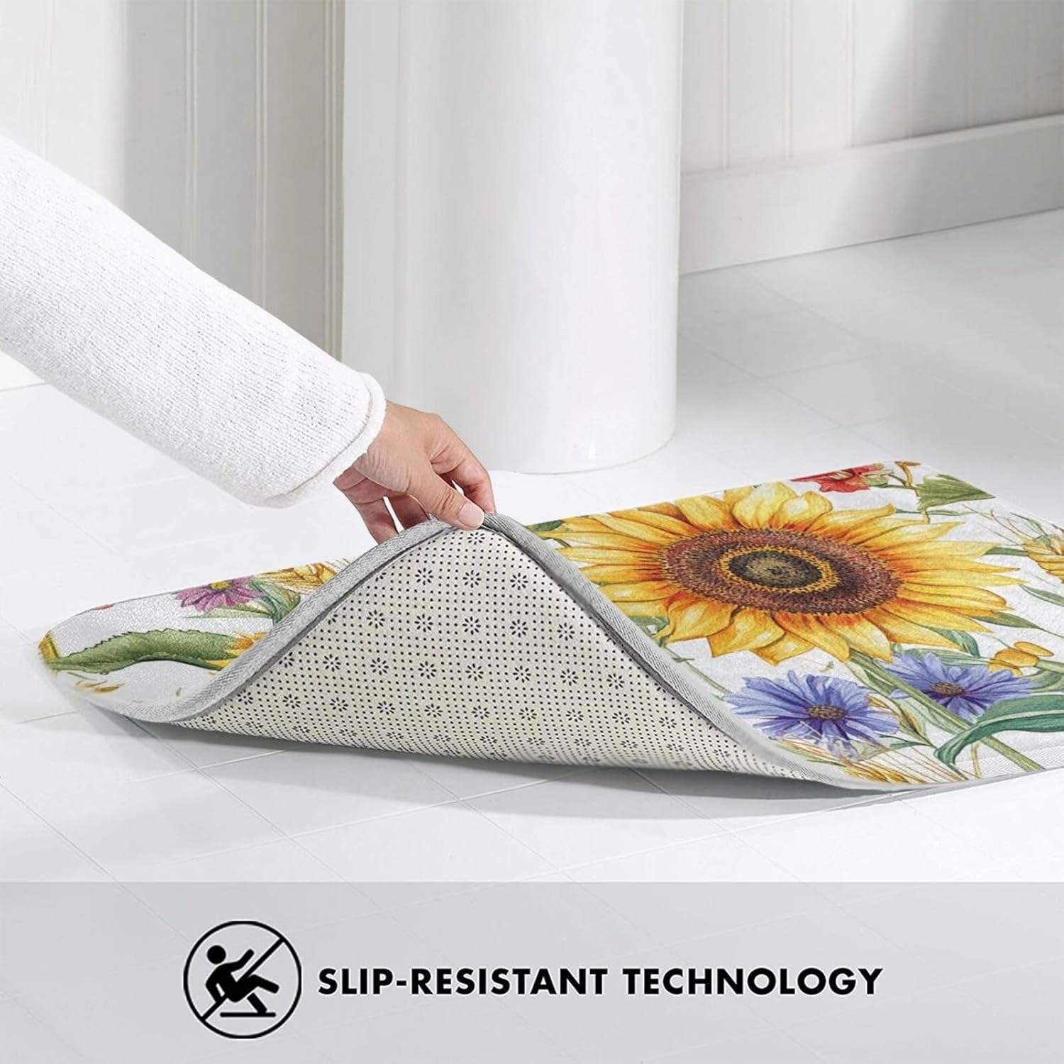 Flower Sunflower Popies Flannel Washable Floor Mat, Non-Slip Door Mat for Indoor/Outdoor, Thick Kitchen Rug 20x31.5in with Polyester