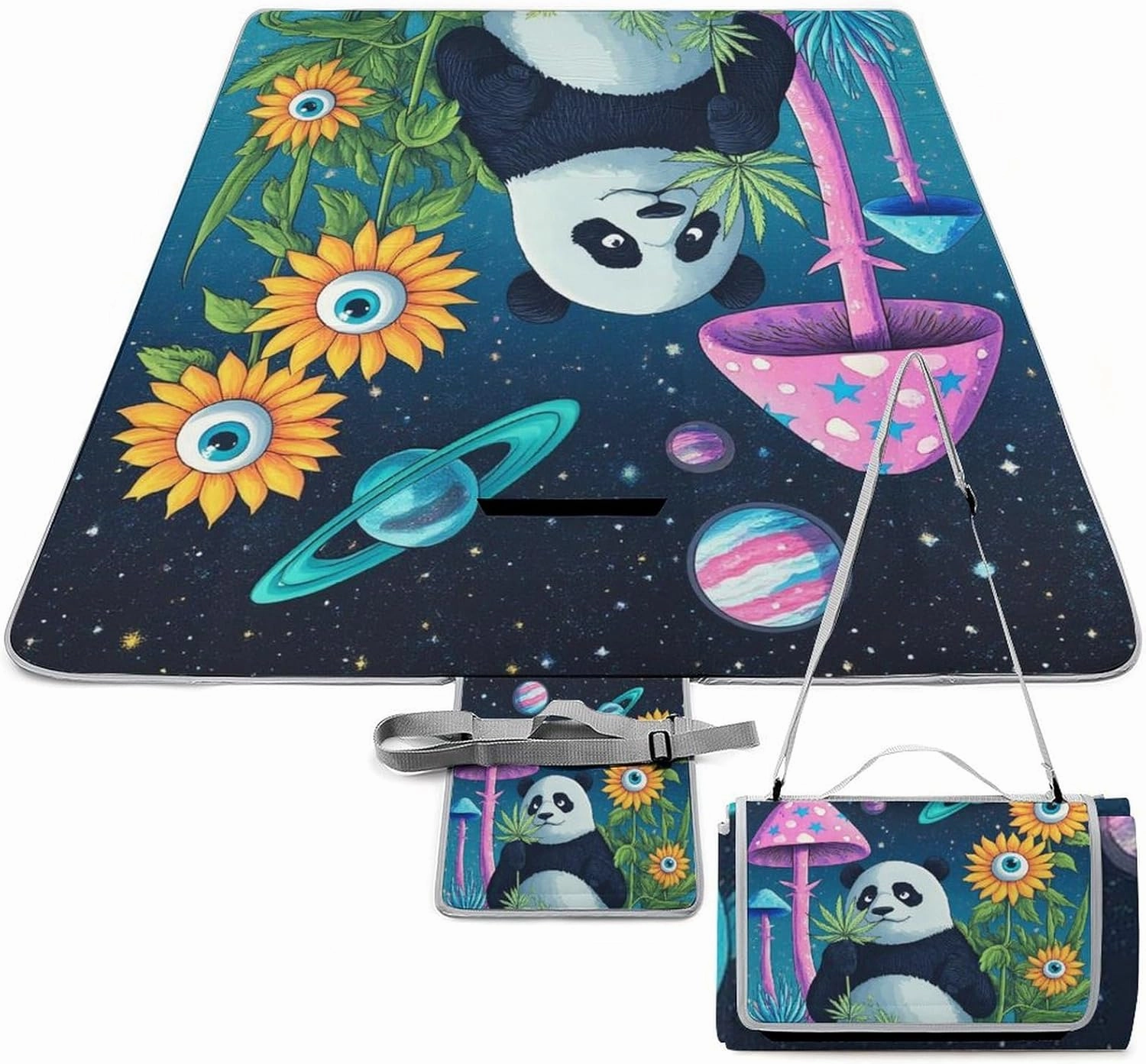 Foldable Space Mushroom Planet Panda Sunflower Art Picnic Mat for Women and Men, Portable Waterproof Beach Blanket for Outdoor Camping Park Travel Accessories