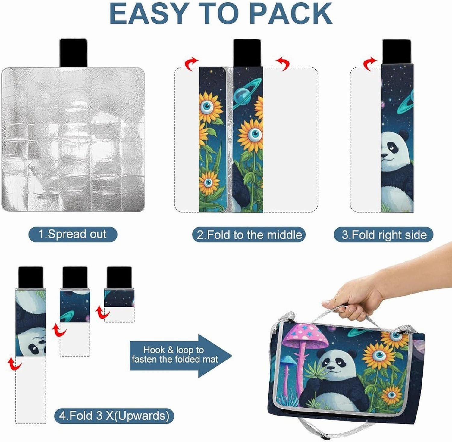 Foldable Space Mushroom Planet Panda Sunflower Art Picnic Mat for Women and Men, Portable Waterproof Beach Blanket for Outdoor Camping Park Travel Accessories