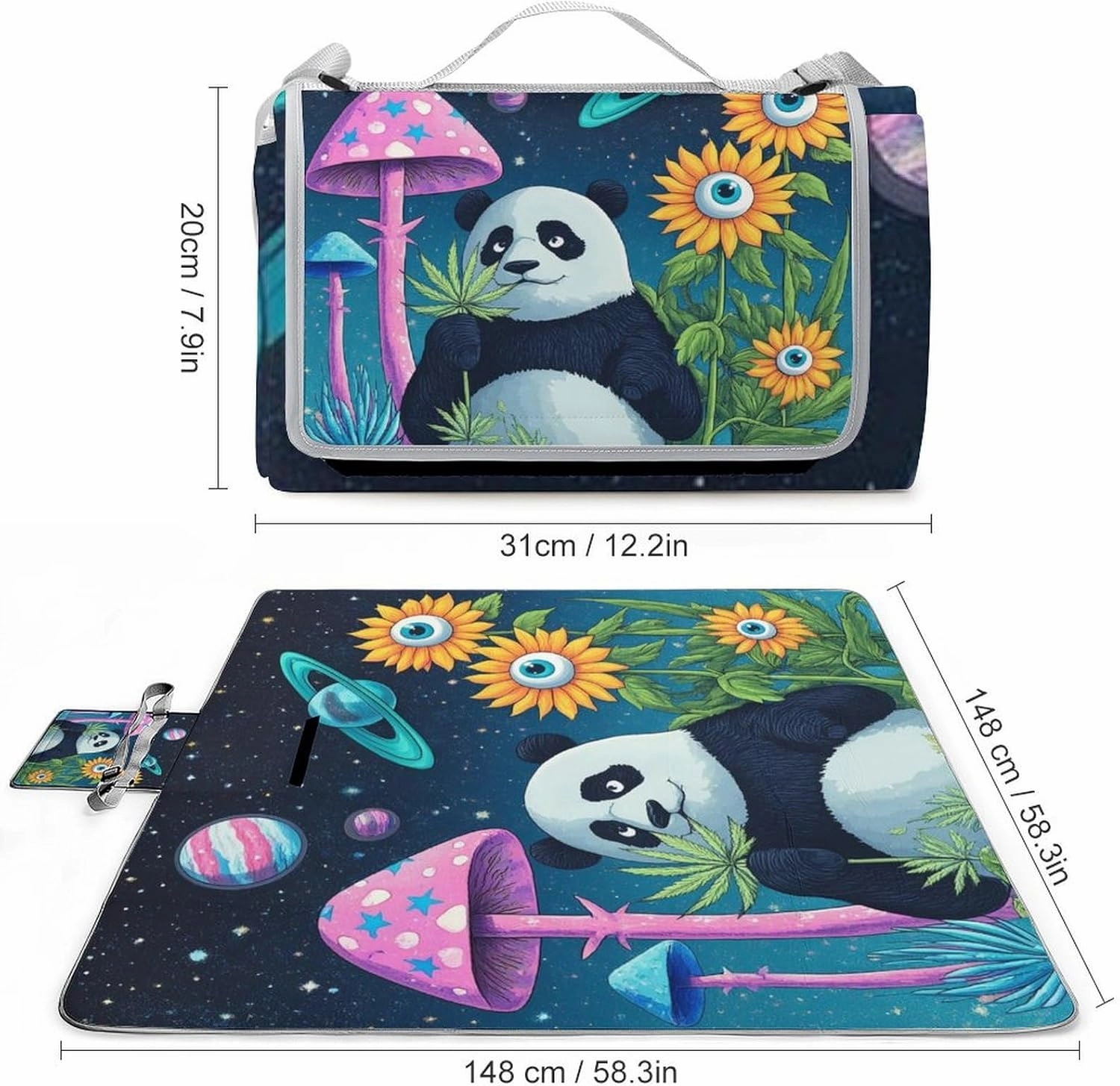 Foldable Space Mushroom Planet Panda Sunflower Art Picnic Mat for Women and Men, Portable Waterproof Beach Blanket for Outdoor Camping Park Travel Accessories