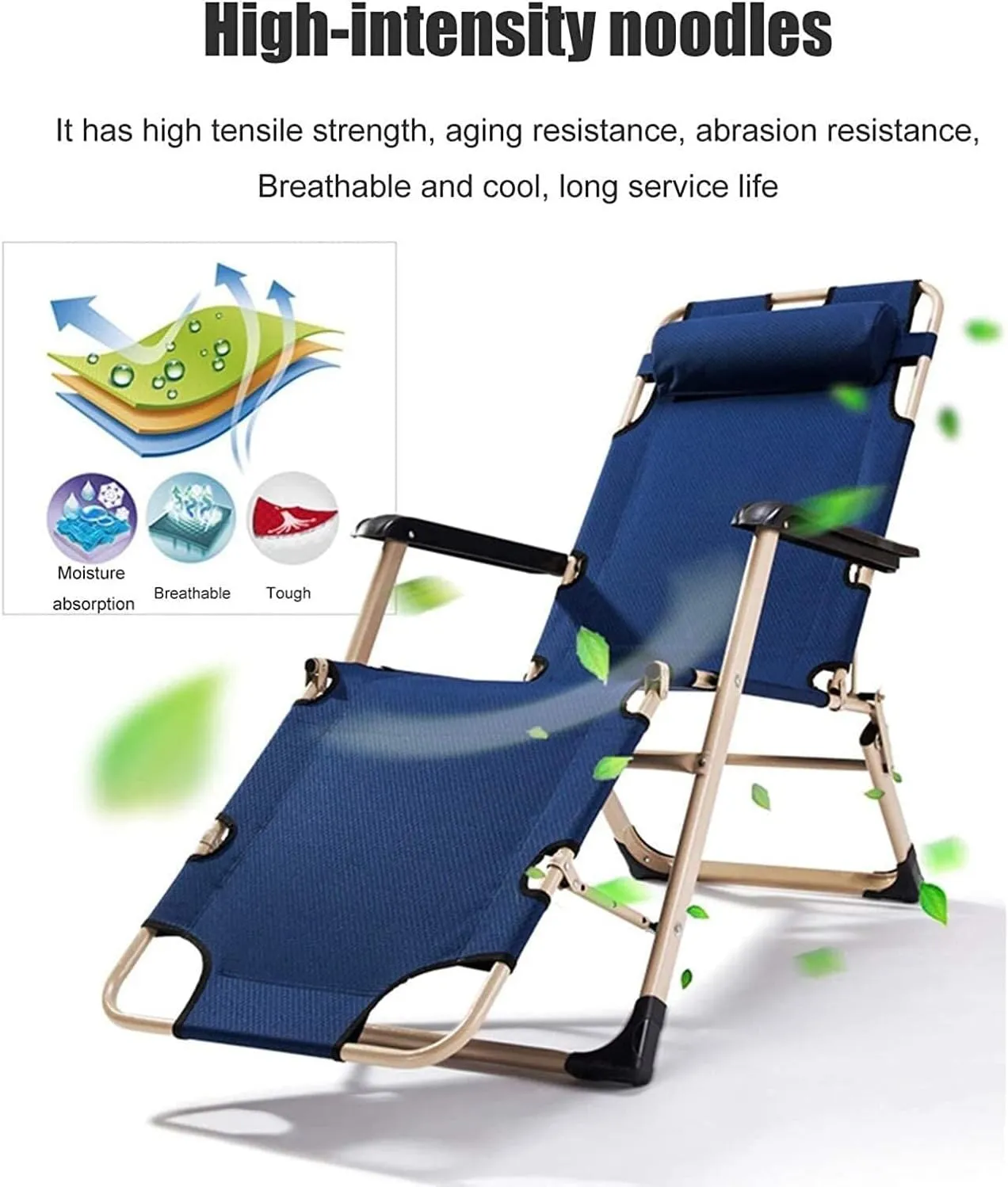 Folding Reclining Chair, Adjustable Office & Terrace Lounge Chair, Portable Camping Sun Lounger with Lake Blue Cotton Pad(Chair Brown Cotton Pad)