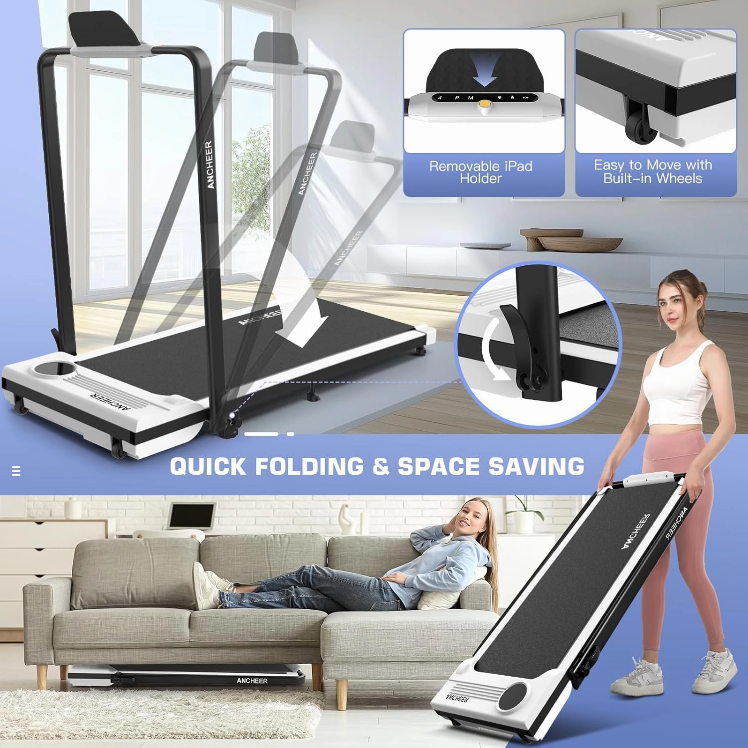 Folding Treadmill with Incline,4 in 1 Foldable Walking Pad with Handle Bar,Under Desk Treadmill for Home Office,Walking Pad 300LBS Weight Capacity/Dual Control/LED Display