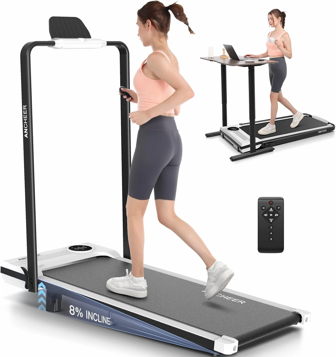 Folding Treadmill with Incline,4 in 1 Foldable Walking Pad with Handle Bar,Under Desk Treadmill for Home Office,Walking Pad 300LBS Weight Capacity/Dual Control/LED Display