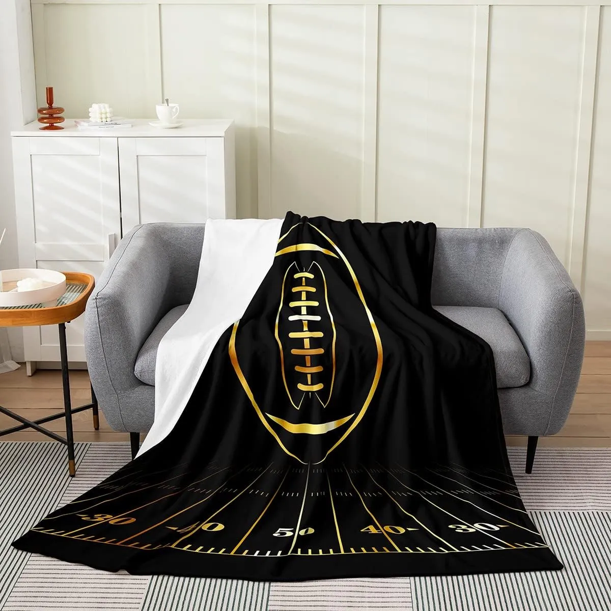 Football Blanket Throw 50x60 Inch Sport Player Throw Blanket for Boys Girls Teens Kids Rugby Sports Black Golden Ball Fleece Blanket American Football Warm Soft Room Decor Fuzzy Blanket