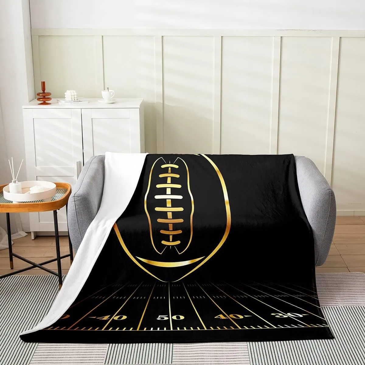 Football Blanket Throw 50x60 Inch Sport Player Throw Blanket for Boys Girls Teens Kids Rugby Sports Black Golden Ball Fleece Blanket American Football Warm Soft Room Decor Fuzzy Blanket