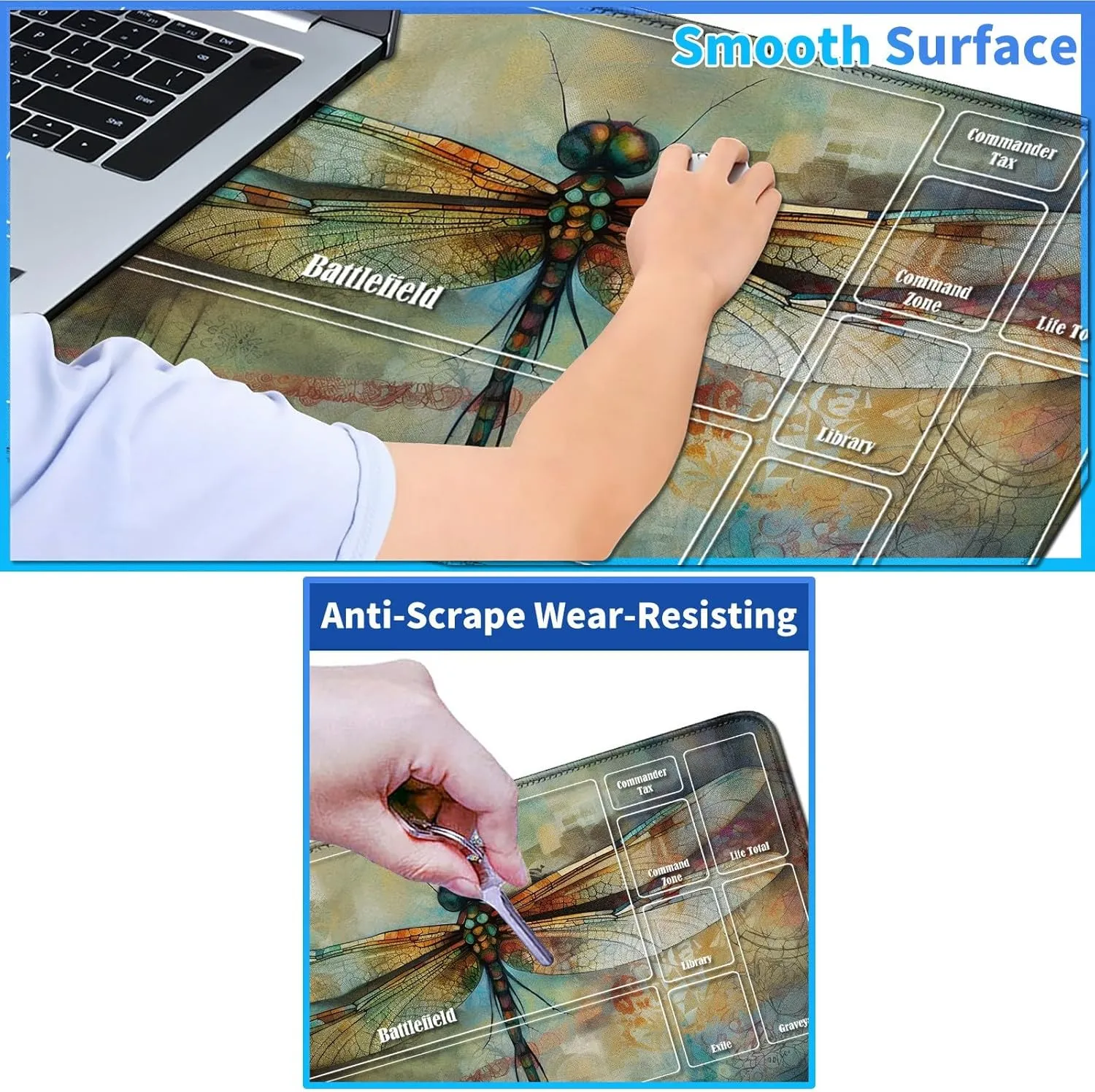 for MTG Playmat 24 x 14 Inches, Card Playmat Stitched with Magic Zones Commander Deck Gaming Desk Mat Card Gameplay Pad for MTG TCG Trading Card Inked Game - Dragonfly
