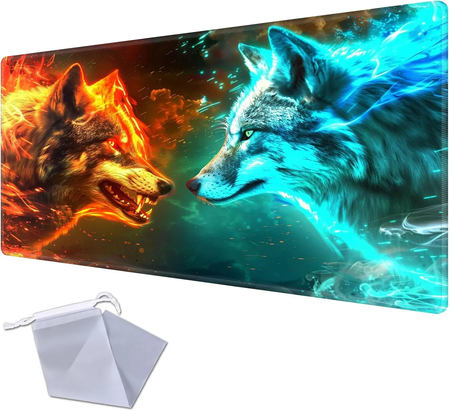 for MTG Playmat for Trading Card Games, Non-Slip Rubber Smooth Surface with Stitched Edges, Durable Desk Pad for Card Games, Custom Anime Playmat, Wolf Head in Fire Ice Blue