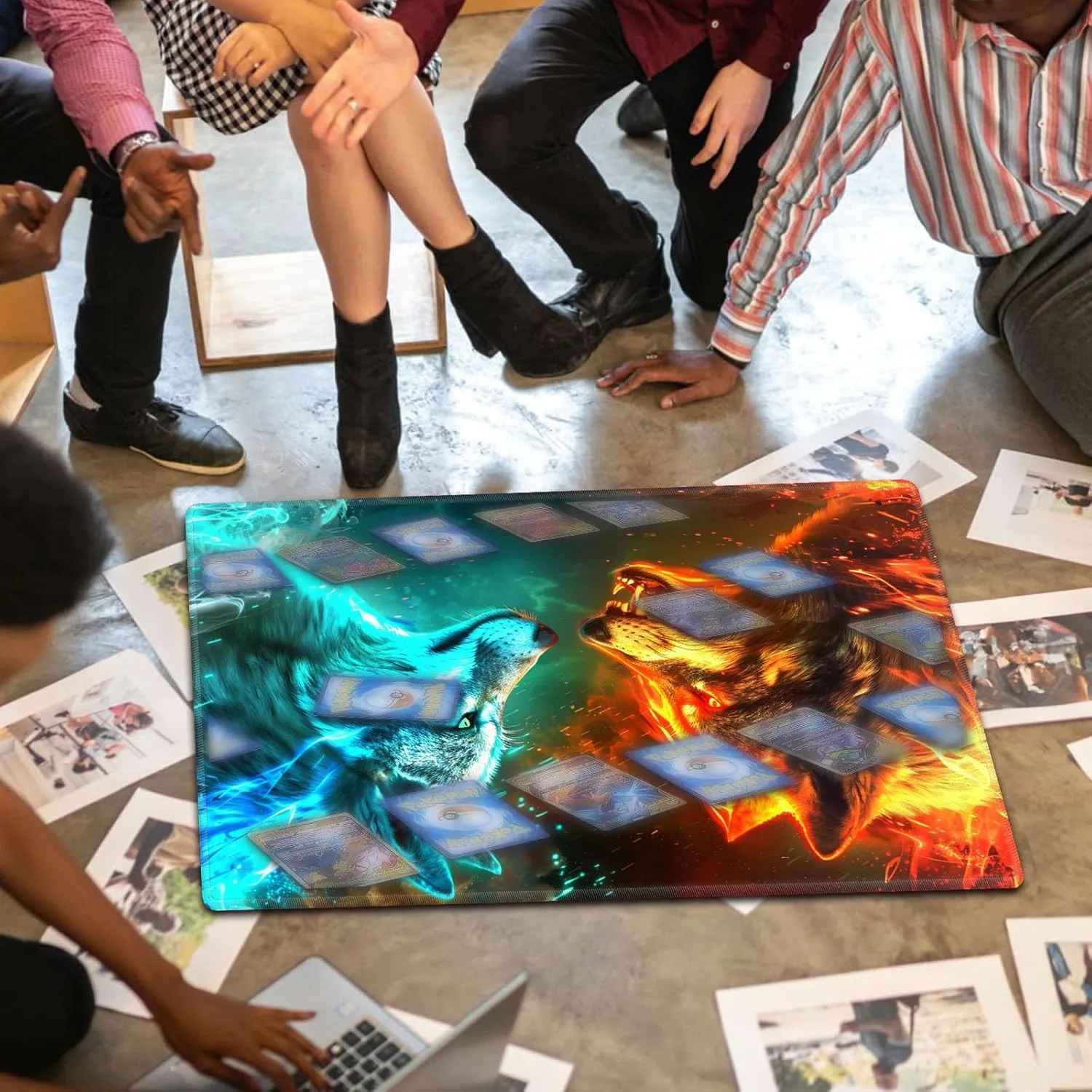for MTG Playmat for Trading Card Games, Non-Slip Rubber Smooth Surface with Stitched Edges, Durable Desk Pad for Card Games, Custom Anime Playmat, Wolf Head in Fire Ice Blue