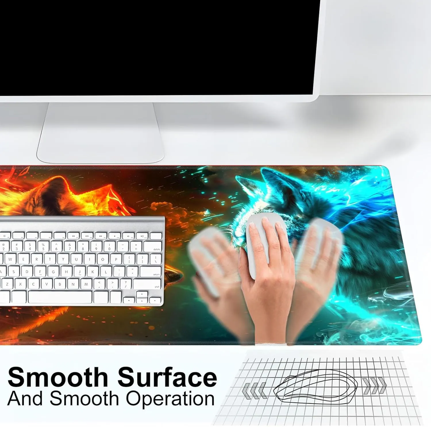 for MTG Playmat for Trading Card Games, Non-Slip Rubber Smooth Surface with Stitched Edges, Durable Desk Pad for Card Games, Custom Anime Playmat, Wolf Head in Fire Ice Blue