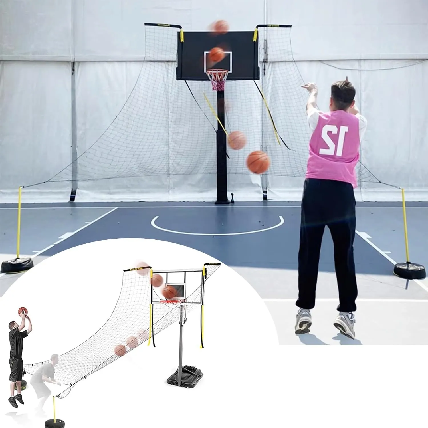 Freestanding Basketball Shot Return Attachment, Basketball Rebounder Guard Defensive Net System, Portable Ball Returner, Easy Folding & Quick Setup