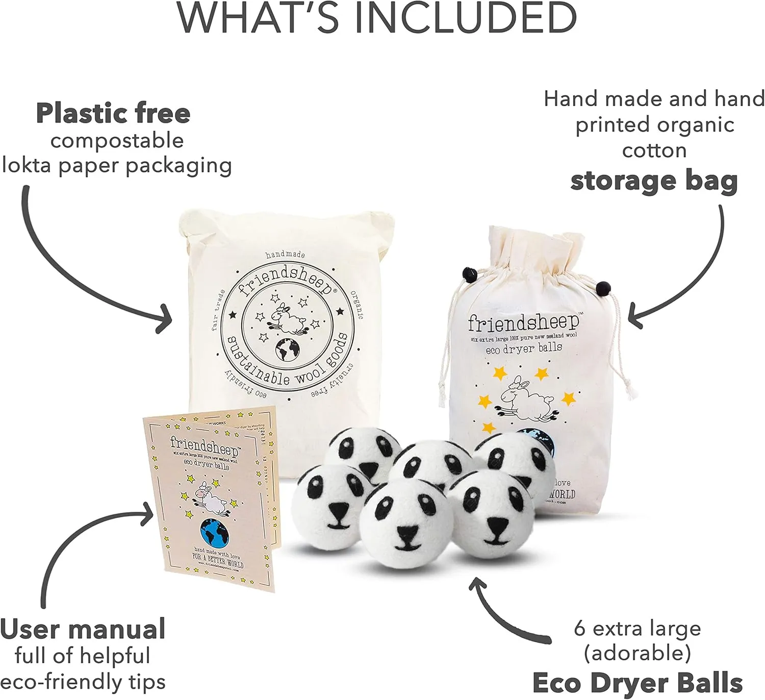 Friendsheep Wool Dryer Balls 6 Pack XL Organic Premium Reusable Cruelty Free Handmade Fair Trade No Lint Fabric Softener - Panda Pack