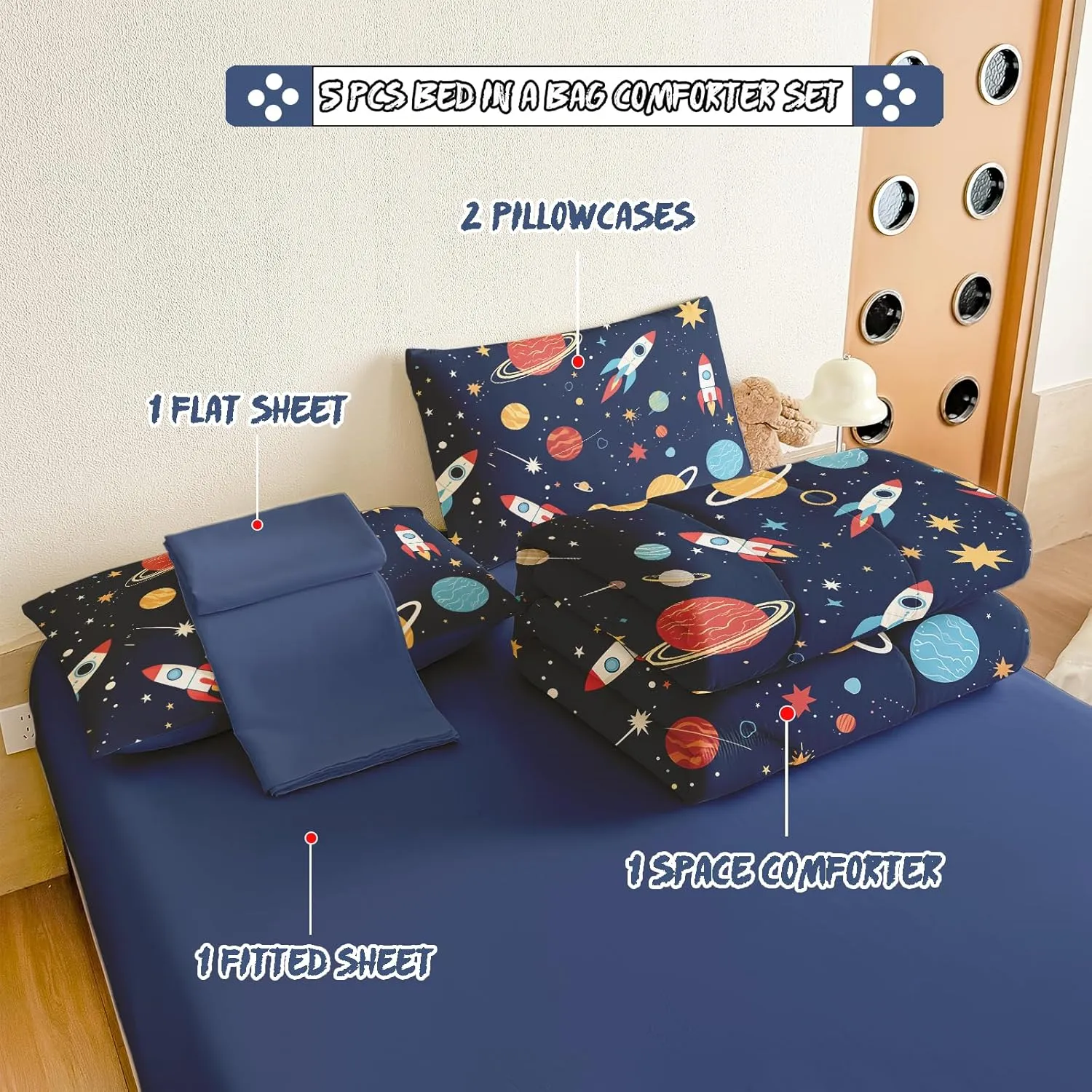 Full Size Bedding Sets Space Rocket Kids Bedroom Set Galaxy Bed in A Bag 5-Piece Astronaut Full Size Comforter Sets for Boys Girls for All-Season