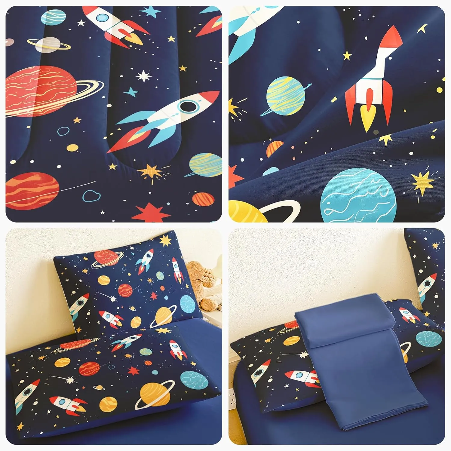Full Size Bedding Sets Space Rocket Kids Bedroom Set Galaxy Bed in A Bag 5-Piece Astronaut Full Size Comforter Sets for Boys Girls for All-Season