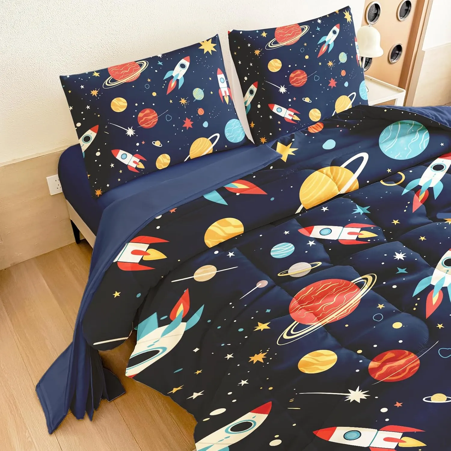 Full Size Bedding Sets Space Rocket Kids Bedroom Set Galaxy Bed in A Bag 5-Piece Astronaut Full Size Comforter Sets for Boys Girls for All-Season