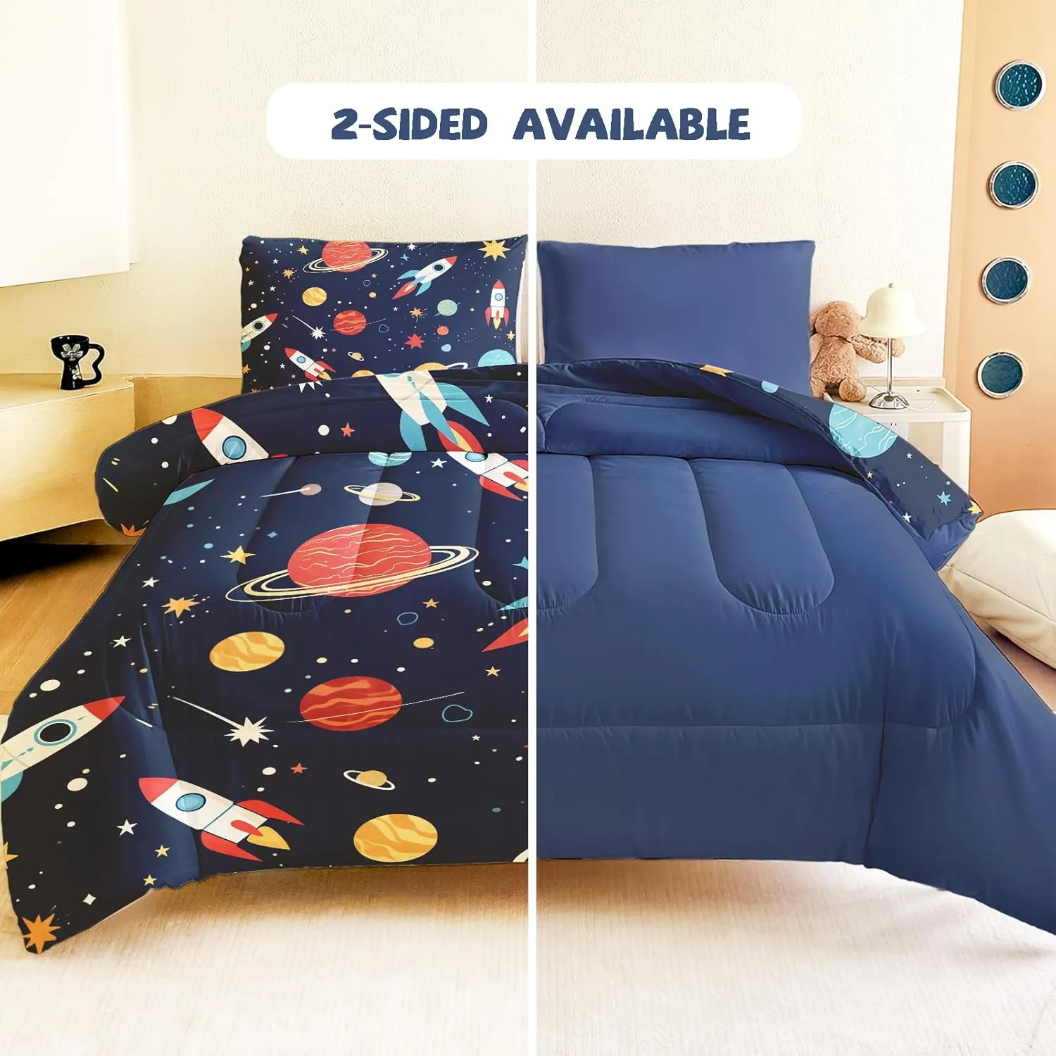 Full Size Bedding Sets Space Rocket Kids Bedroom Set Galaxy Bed in A Bag 5-Piece Astronaut Full Size Comforter Sets for Boys Girls for All-Season