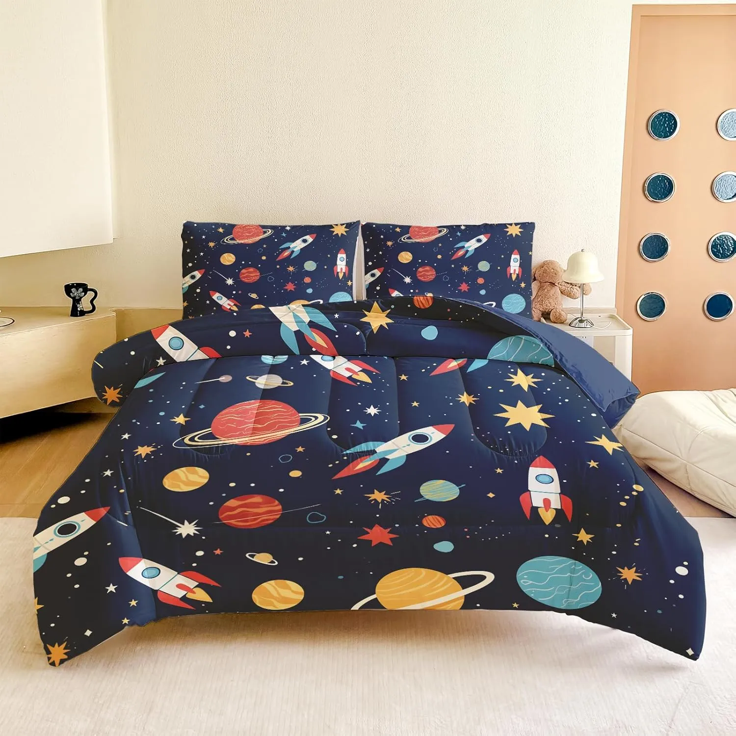 Full Size Bedding Sets Space Rocket Kids Bedroom Set Galaxy Bed in A Bag 5-Piece Astronaut Full Size Comforter Sets for Boys Girls for All-Season