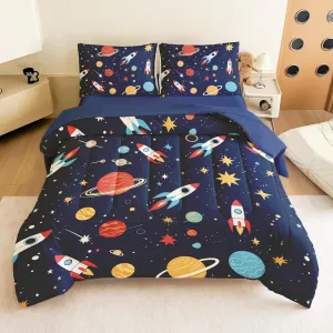 Full Size Bedding Sets Space Rocket Kids Bedroom Set Galaxy Bed in A Bag 5-Piece Astronaut Full Size Comforter Sets for Boys Girls for All-Season