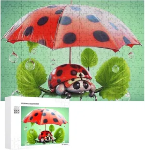 Funny Ladybug Holding Umbrellas Puzzles 300 Pieces Personalized Jigsaw Puzzles Funny Ladybug Holding Umbrellas Photo Puzzle Challenging Picture Puzzle for Adults Personaliz Jigsaw with Storage Bag (15