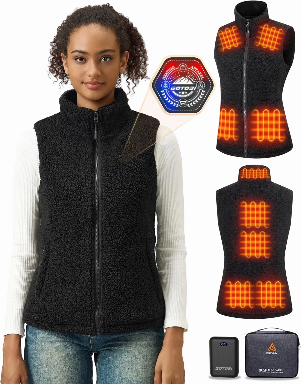Fuzzy Fleece Heated Vest for Women with 7.4V 16000mAh Battery, Ergonomics Heating System, 9 Zones Women's Heated Vest
