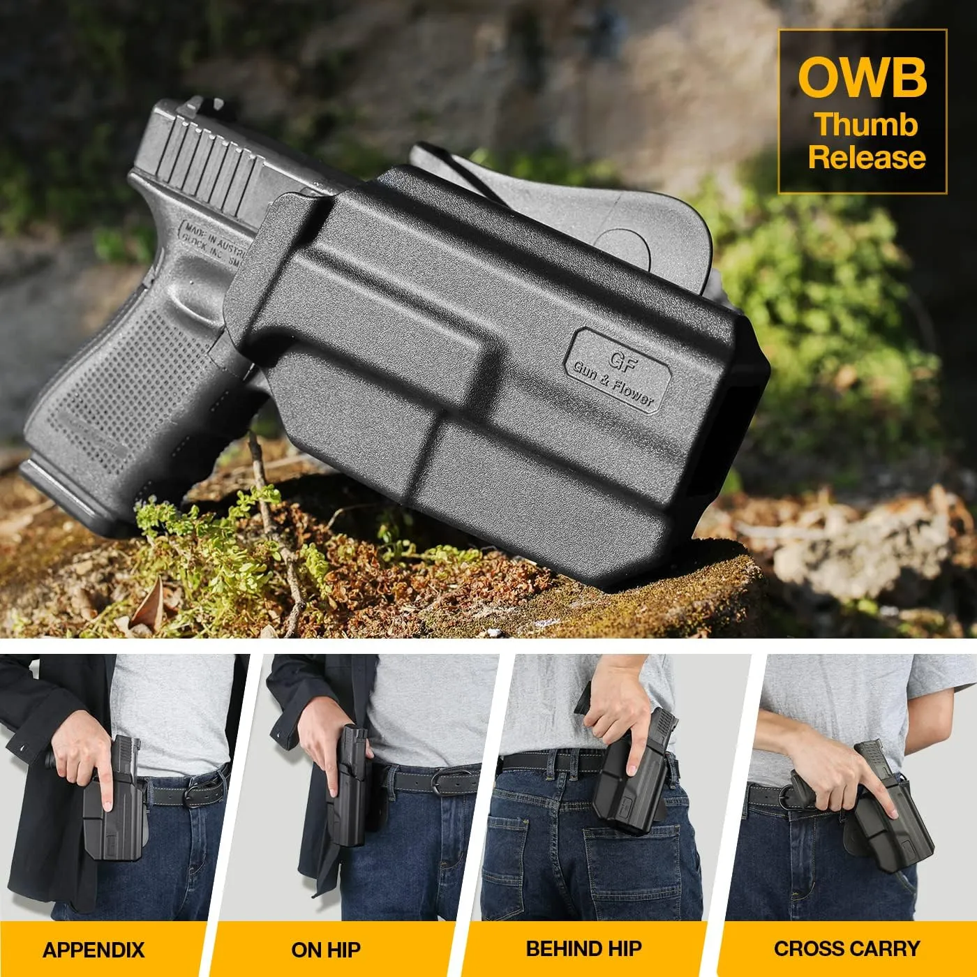 G19 Holster, OWB Holster Compatible with Glock 19 19X 32 45(Gen 3 4 5) 丨Glock 23(Gen 3 4), Outside Waistband Carry Holster with Level II Retention, 360 Degrees Adjustable Paddle, Right/Left Hand