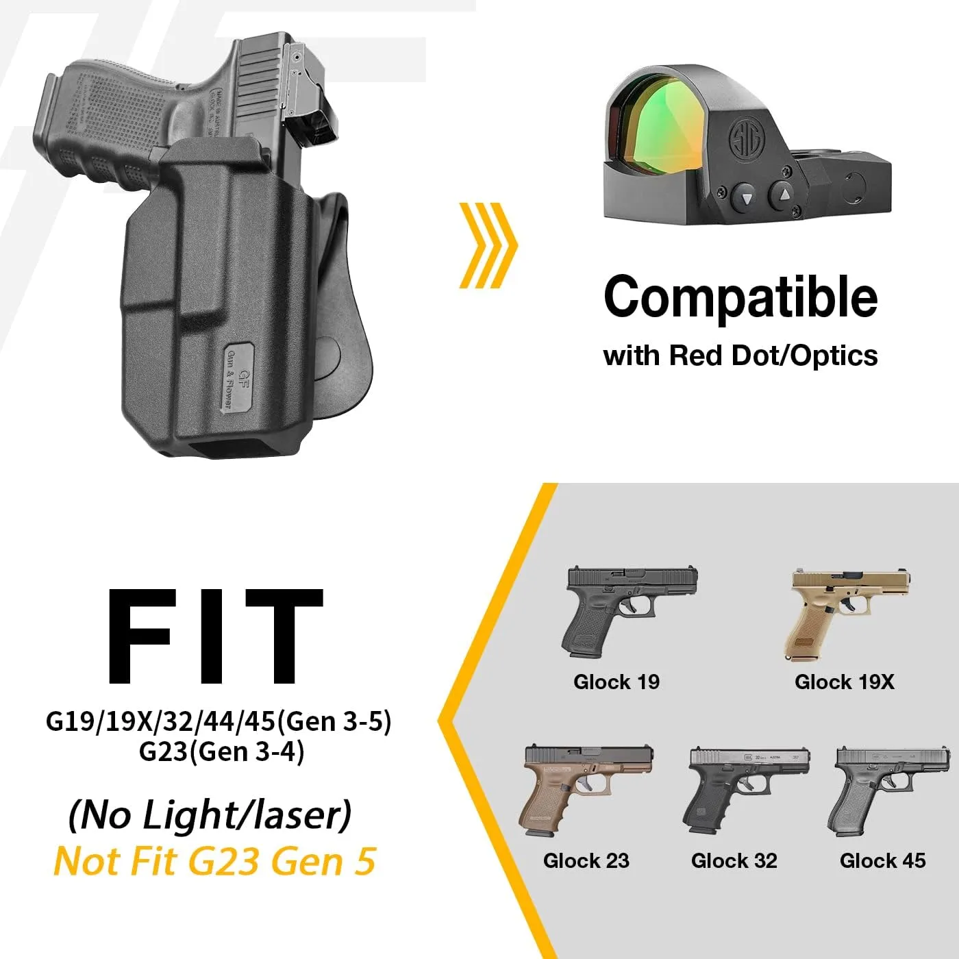 G19 Holster, OWB Holster Compatible with Glock 19 19X 32 45(Gen 3 4 5) 丨Glock 23(Gen 3 4), Outside Waistband Carry Holster with Level II Retention, 360 Degrees Adjustable Paddle, Right/Left Hand