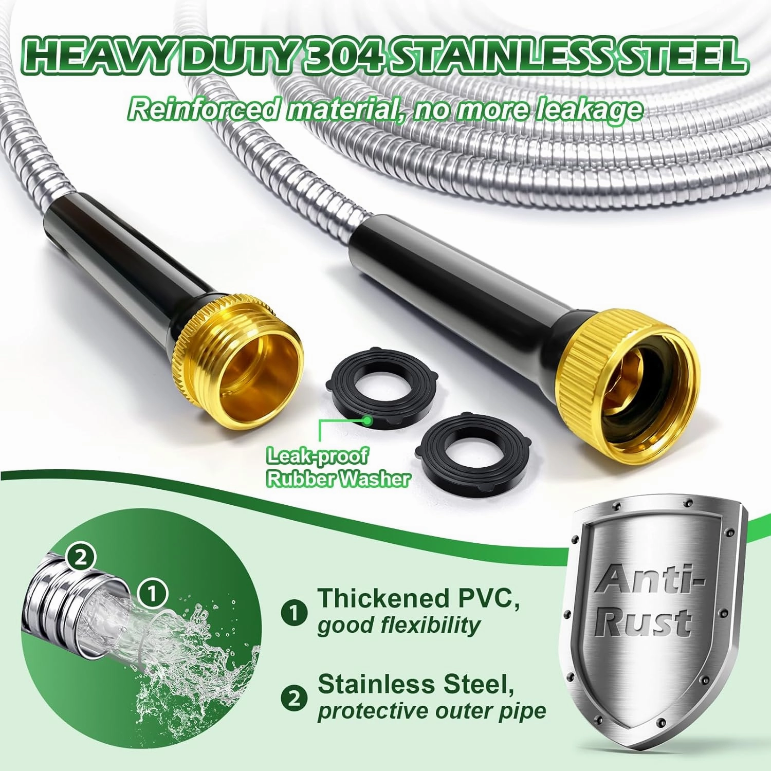 Garden Hose- Stainless Steel Water Hose with 10 Function Nozzle, No Kinks & No Tangles, Flexible, Lightweight, Puncture Resistant & Rust Proof Metal Garden Hose for Yard, RV, Garden, Outdoor