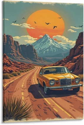 GAUSKY Single Hanging Picture Retro Car Mountain Sunset Canvas Painting Wall Art Poster, Vintage Road Trip Decor for Living Room Office, Classic American Travel Gift Frame-style 20x30inch(50x75cm)