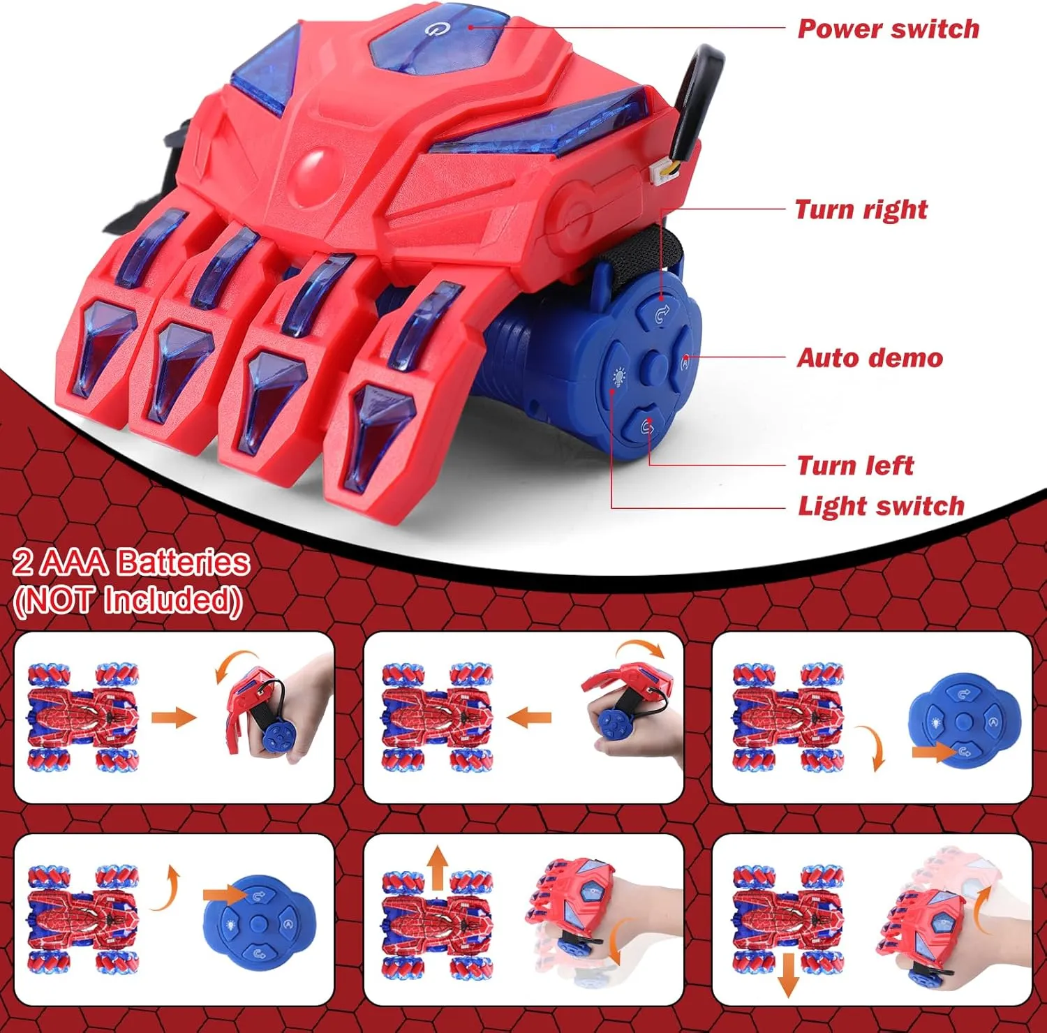 Gesture Sensing Remote Control Car, 2.4Ghz RC Cars with Wholebody Light & Headlight, Hand Controlled Double Sided Rechargeable RC Stunt Car Spider Toys for Boys 4-6 5-7 8-13