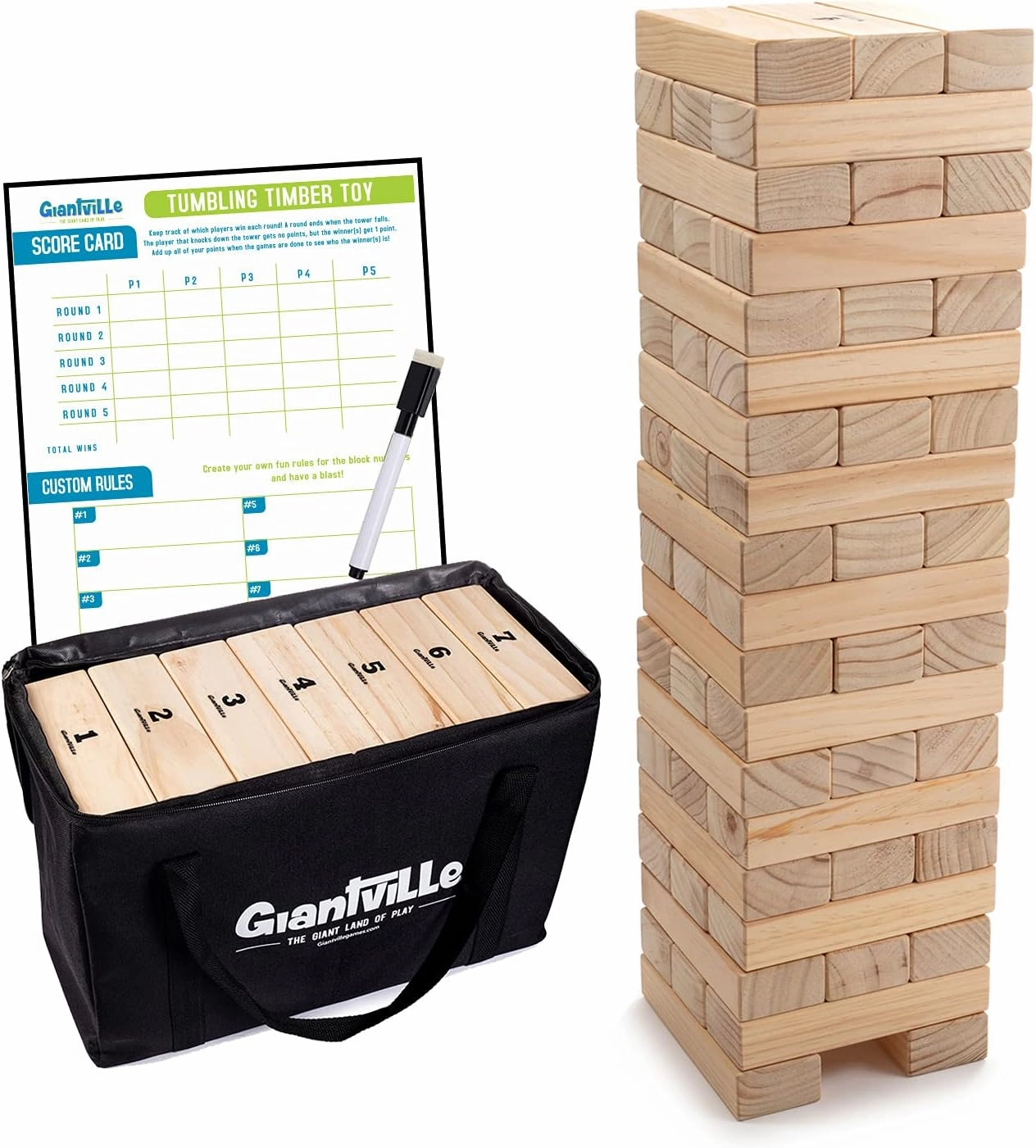 Giantville Giant Tumbling Timber Toy - Premium Pine Wood Life-Size Blocks Tower - Big Floor/Board Indoor/Outdoor Yard Game for Kids & Adults - 56-Pieces   Carry/Storage Bag - Grows to Over 4-Feet