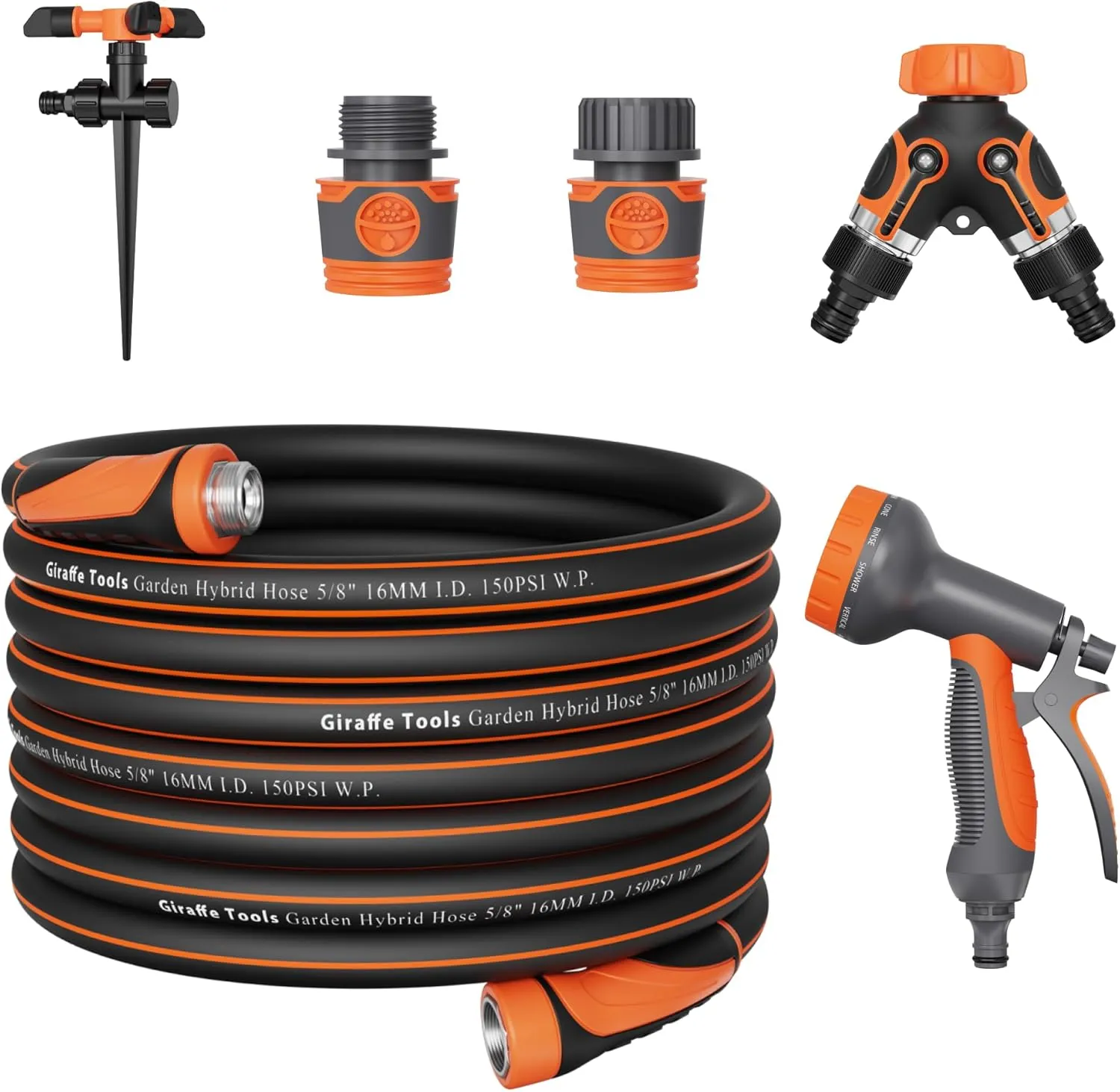 Giraffe Tools 100Ft 5/8" Garden Hose Set with 10-Pattern Spray Nozzle, Quick Connects & Ground Spike - Heavy Duty, Kink-Free, Leak Proof Flexible Water Hose for Lawn, Car Washing (Orange)