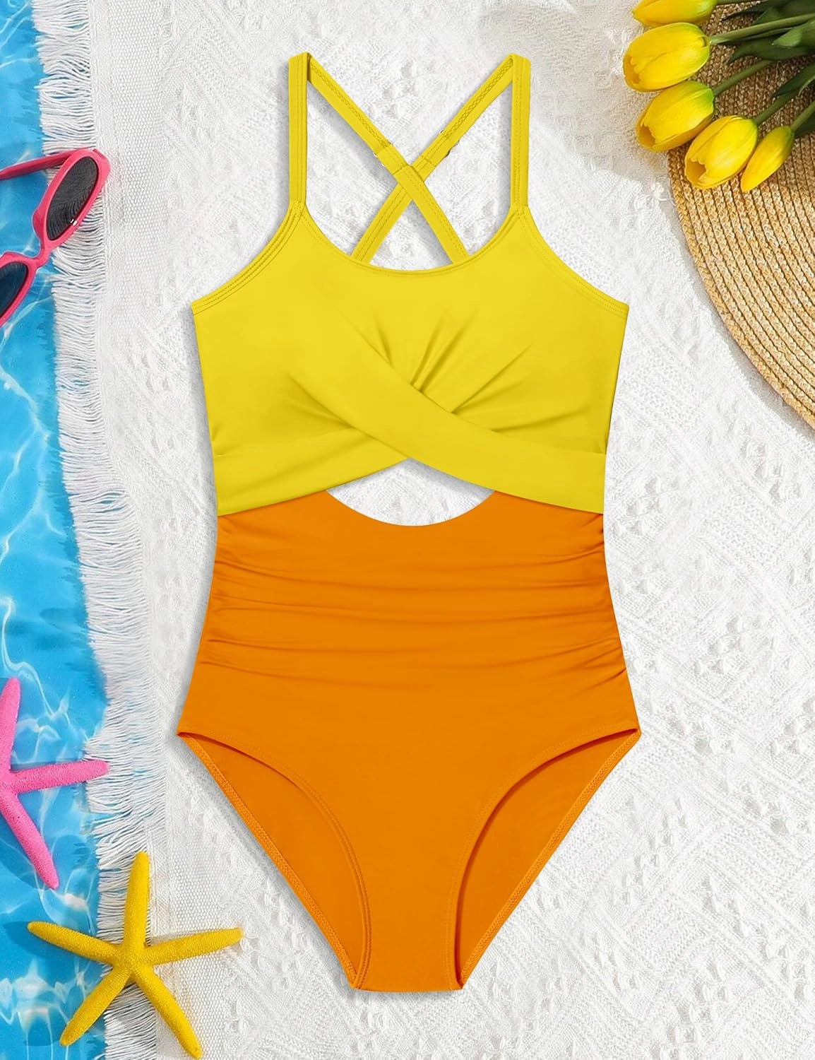 Girl Swimsuit One Piece Cutout Ruched Bathing Suit for Girls V-Neck Color Block Adjustable Straps Pad Swimwear 9-16y