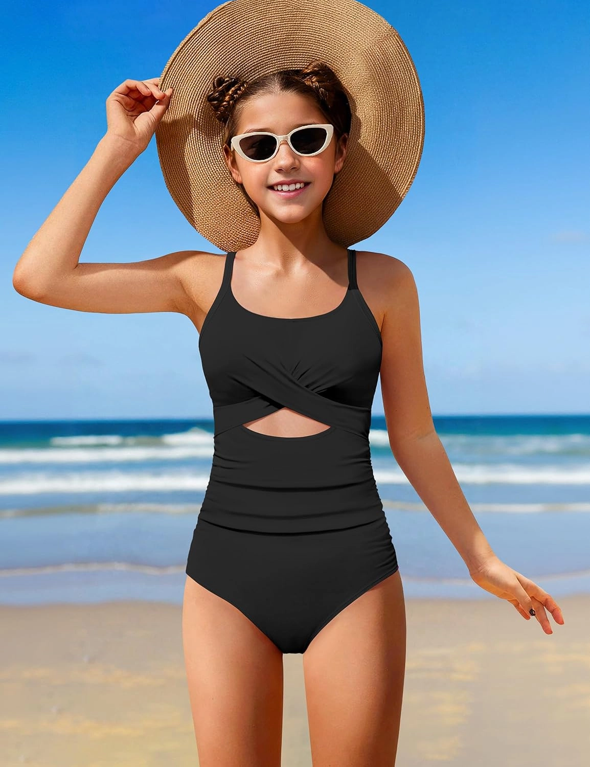Girl Swimsuit One Piece Cutout Ruched Bathing Suit for Girls V-Neck Color Block Adjustable Straps Pad Swimwear 9-16y