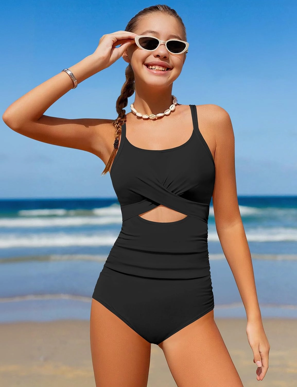 Girl Swimsuit One Piece Cutout Ruched Bathing Suit for Girls V-Neck Color Block Adjustable Straps Pad Swimwear 9-16y