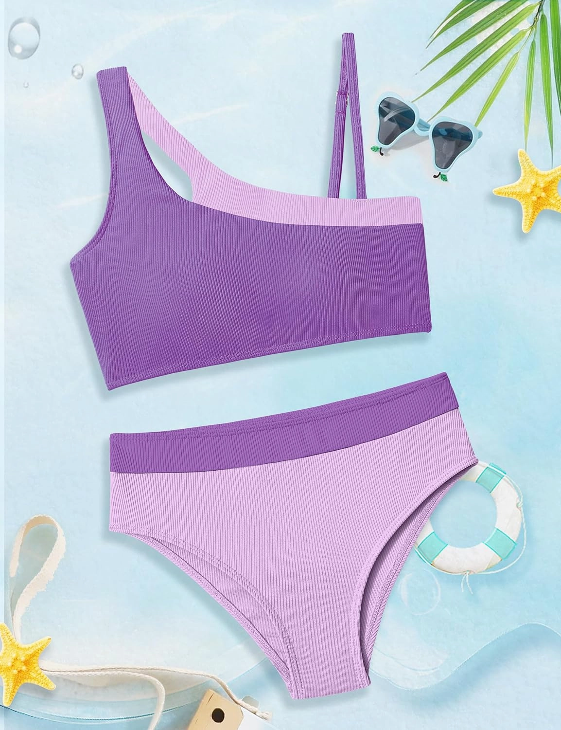 Girls Swimsuit Bikini Set Color Block Cut Out Two Piece Bathing Suit with Chest Pad Adjustable Straps Swimwear 7-16T