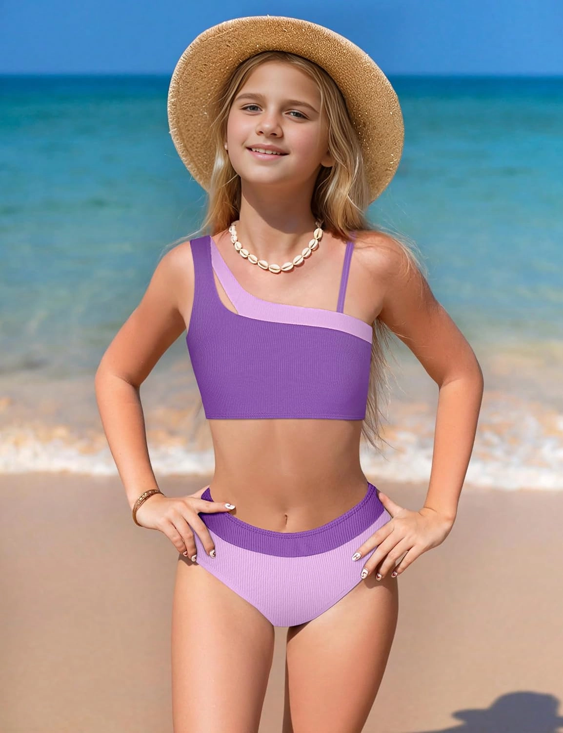 Girls Swimsuit Bikini Set Color Block Cut Out Two Piece Bathing Suit with Chest Pad Adjustable Straps Swimwear 7-16T