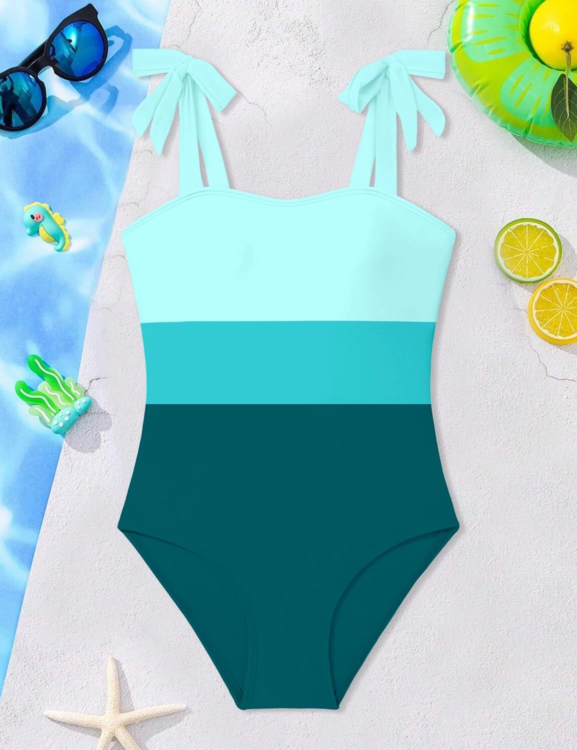 Girls Swimsuit One Piece Casual Color-Block Adjustable Straps Girls Bathing Suit Swimwear 9-16T