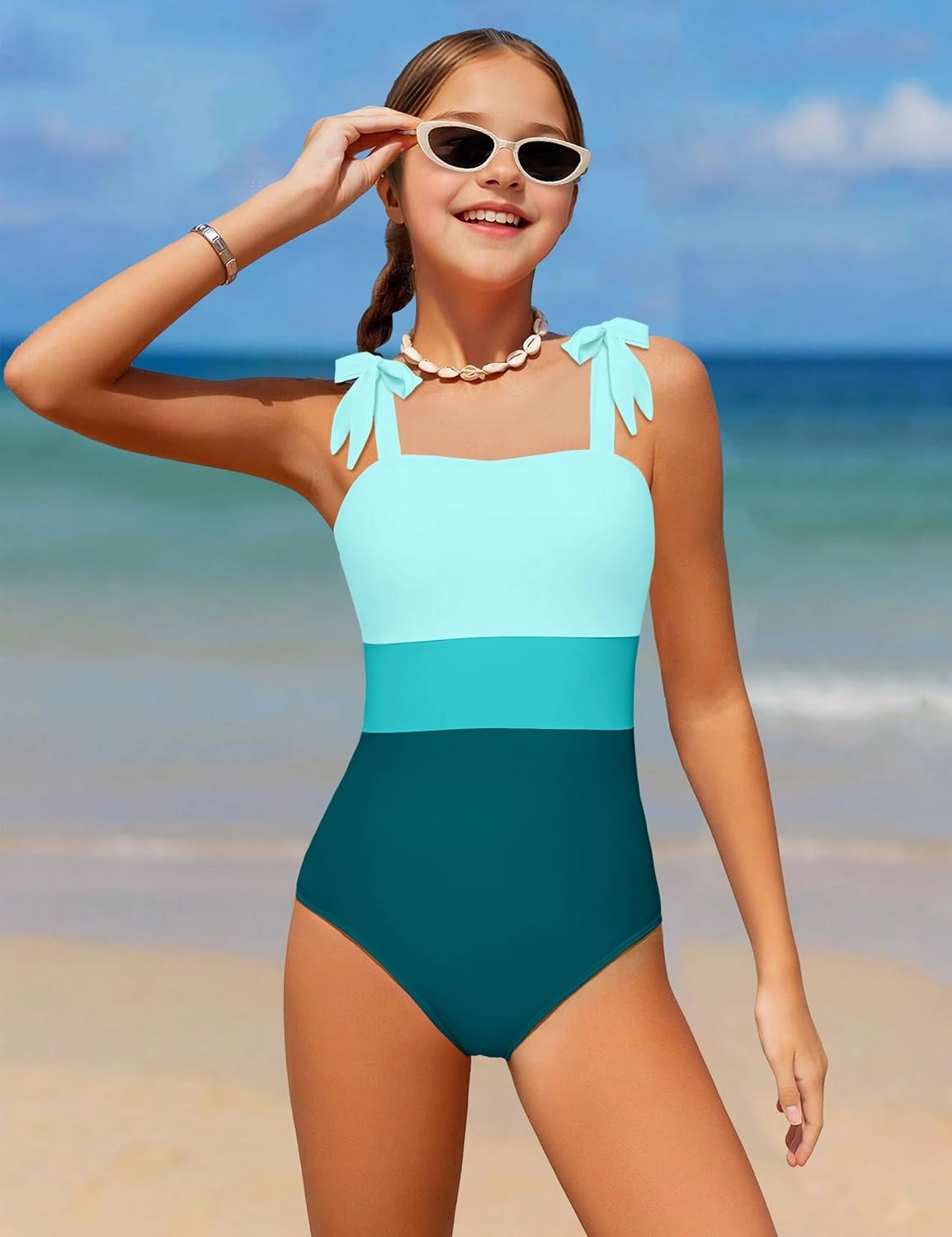 Girls Swimsuit One Piece Casual Color-Block Adjustable Straps Girls Bathing Suit Swimwear 9-16T