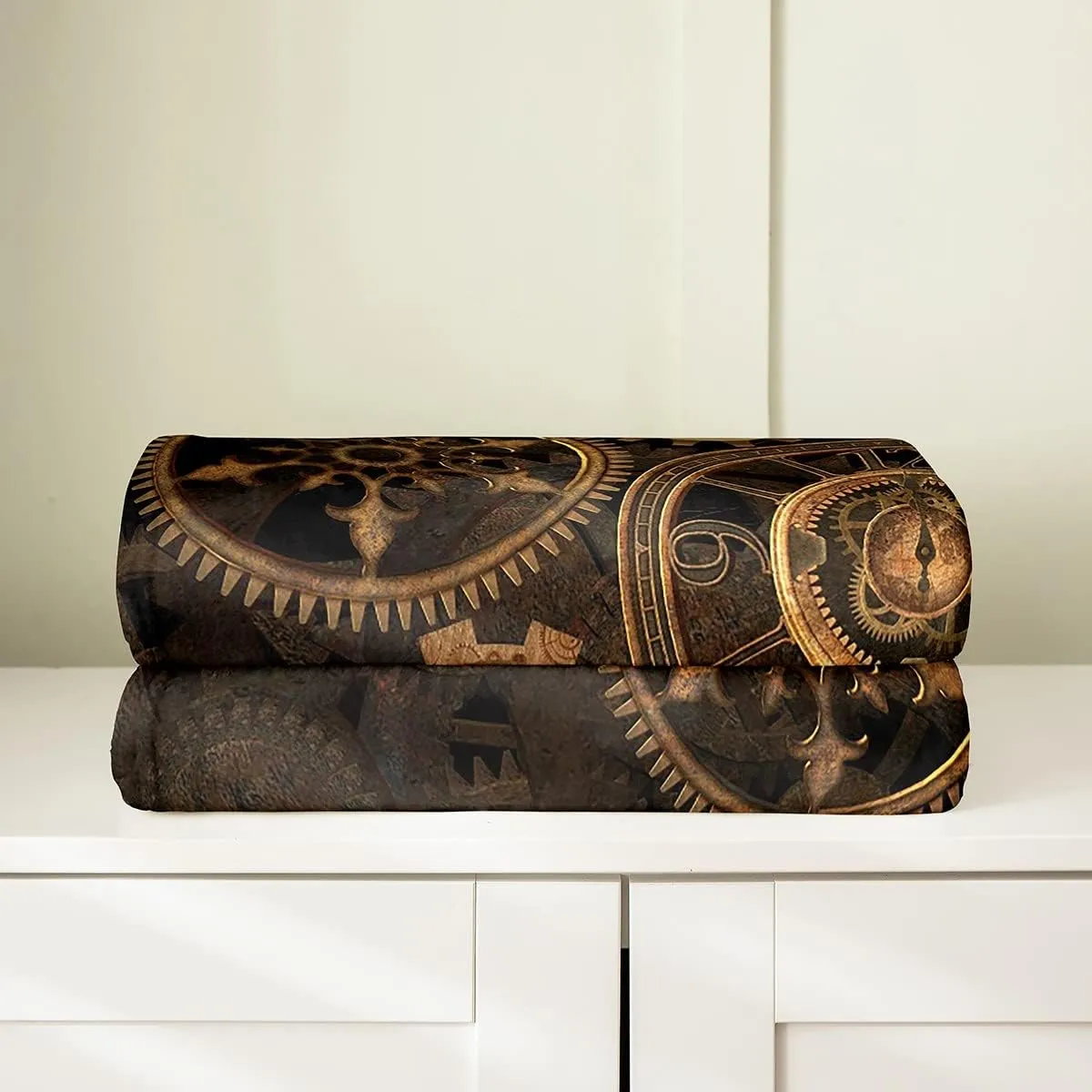 Golden Industrial Gear Throw Blanket Throw 50x60,Steampunk Style Fleece Blanket for Kids Boys Men,Retro Clocks Theme Flannel Blanket Home Room Decor,Mechanical Fuzzy Blanket All Season Lightweight