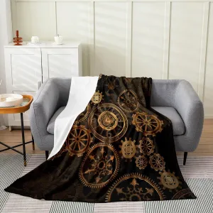 Golden Industrial Gear Throw Blanket Throw 50x60,Steampunk Style Fleece Blanket for Kids Boys Men,Retro Clocks Theme Flannel Blanket Home Room Decor,Mechanical Fuzzy Blanket All Season Lightweight