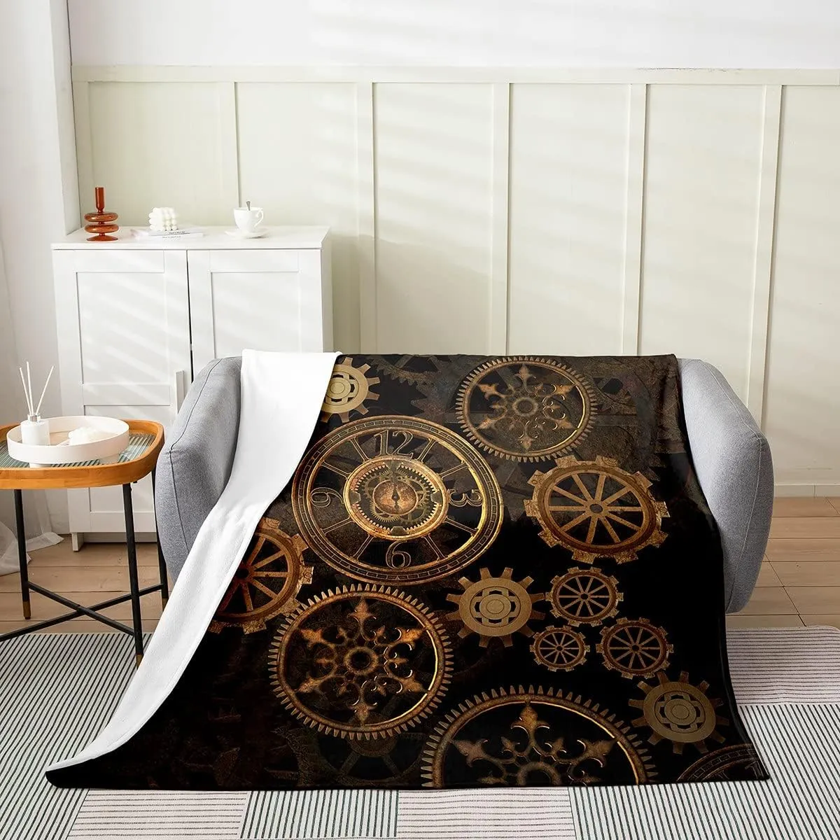 Golden Industrial Gear Throw Blanket Throw 50x60,Steampunk Style Fleece Blanket for Kids Boys Men,Retro Clocks Theme Flannel Blanket Home Room Decor,Mechanical Fuzzy Blanket All Season Lightweight