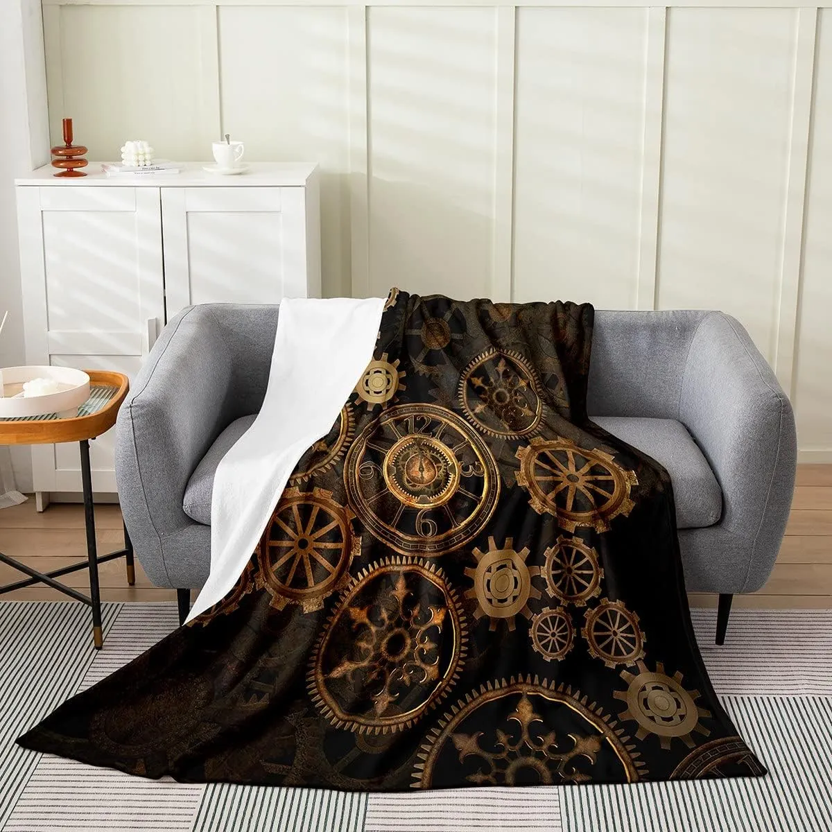 Golden Industrial Gear Throw Blanket Throw 50x60,Steampunk Style Fleece Blanket for Kids Boys Men,Retro Clocks Theme Flannel Blanket Home Room Decor,Mechanical Fuzzy Blanket All Season Lightweight
