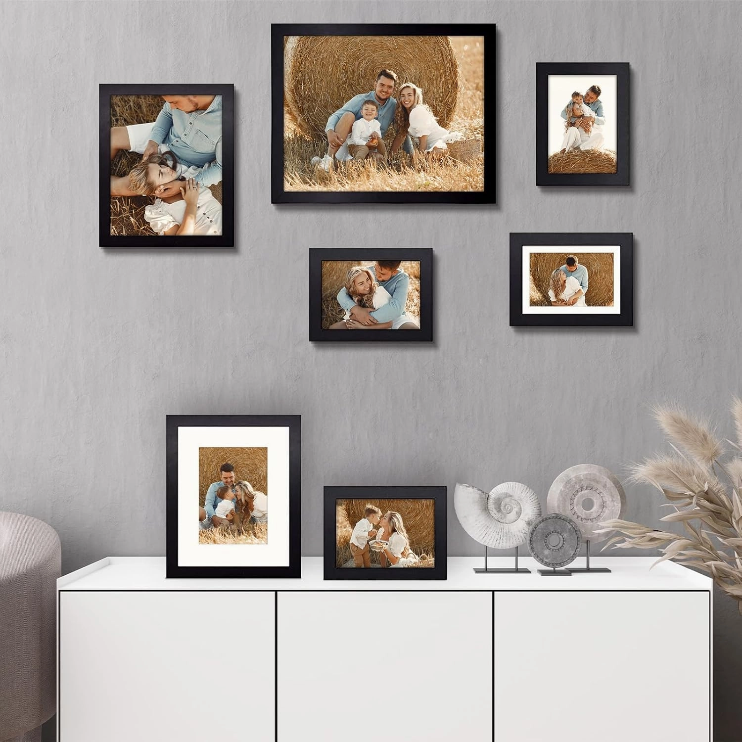 Golden State Art, Gallery Wall Frames, 11x14, 8x10, 5x7 Multiple Photo Frames Collage for Wall or Tabletop Displays with Mat or Without Mat (Black, 7 Pack)