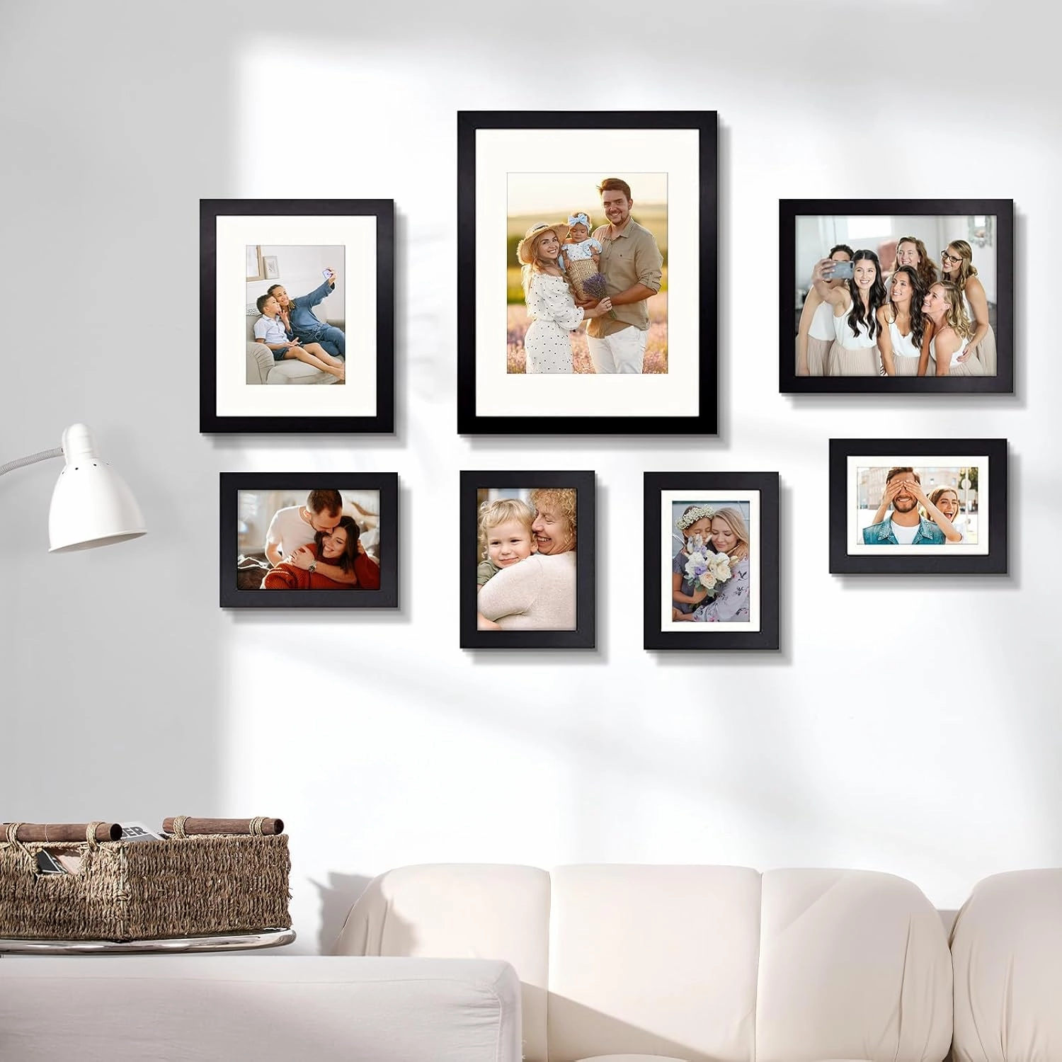 Golden State Art, Gallery Wall Frames, 11x14, 8x10, 5x7 Multiple Photo Frames Collage for Wall or Tabletop Displays with Mat or Without Mat (Black, 7 Pack)