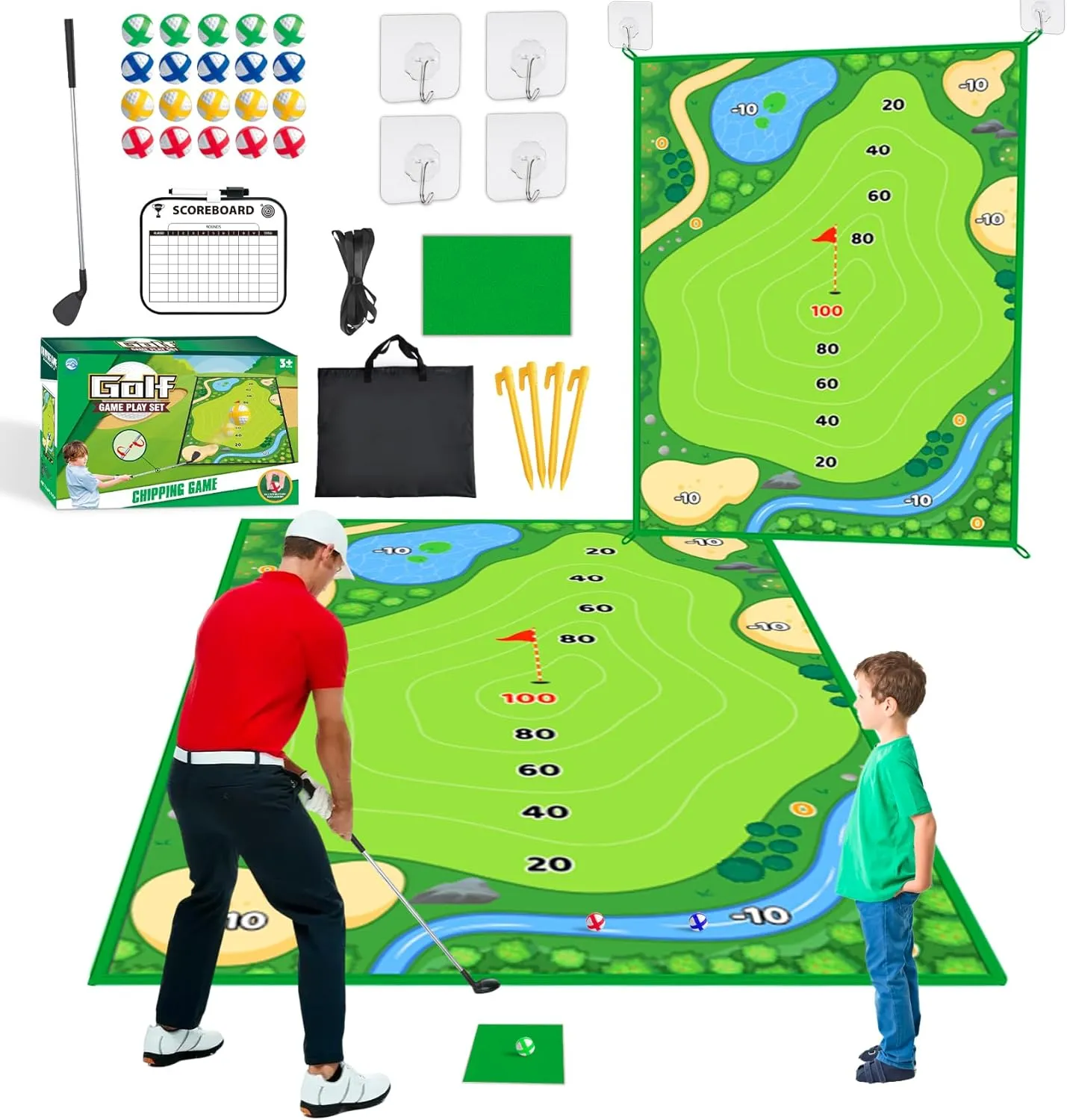 Golf Chipping Game with Golf Hitting Mat, 6x4FT Double Sided Golf Training Mat with 20 Sticky Balls,Golf Practice Mat Kits Indoor Outdoor Golf Accessories for Adult Family Yard Game(with Club)