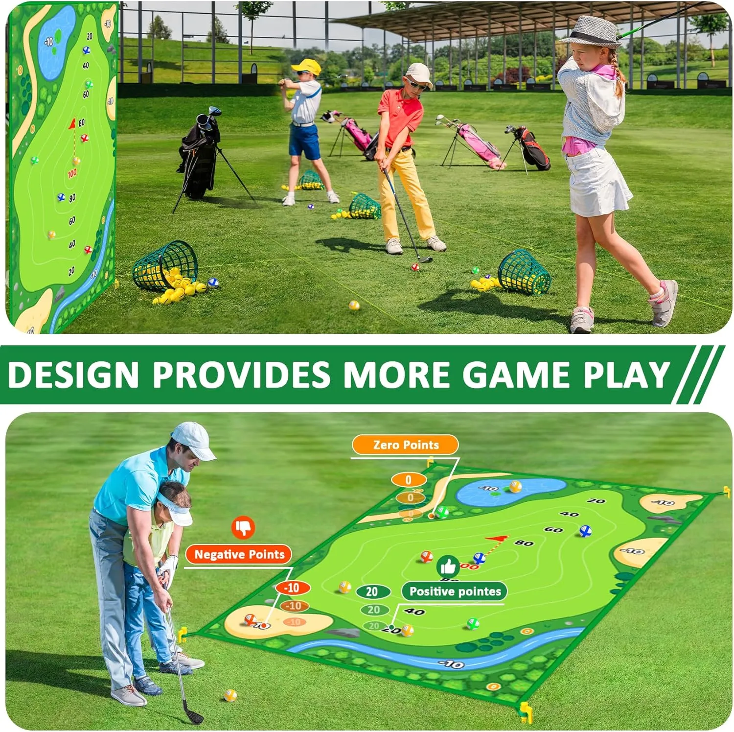 Golf Chipping Game with Golf Hitting Mat, 6x4FT Double Sided Golf Training Mat with 20 Sticky Balls,Golf Practice Mat Kits Indoor Outdoor Golf Accessories for Adult Family Yard Game(with Club)