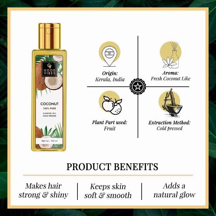 Good Vibes Coconut 100% Pure Cold Pressed Carrier Oil For Hair & Skin | Hair Growth, Anti-Ageing | No Parabens, No Animal Testing (100 ml)