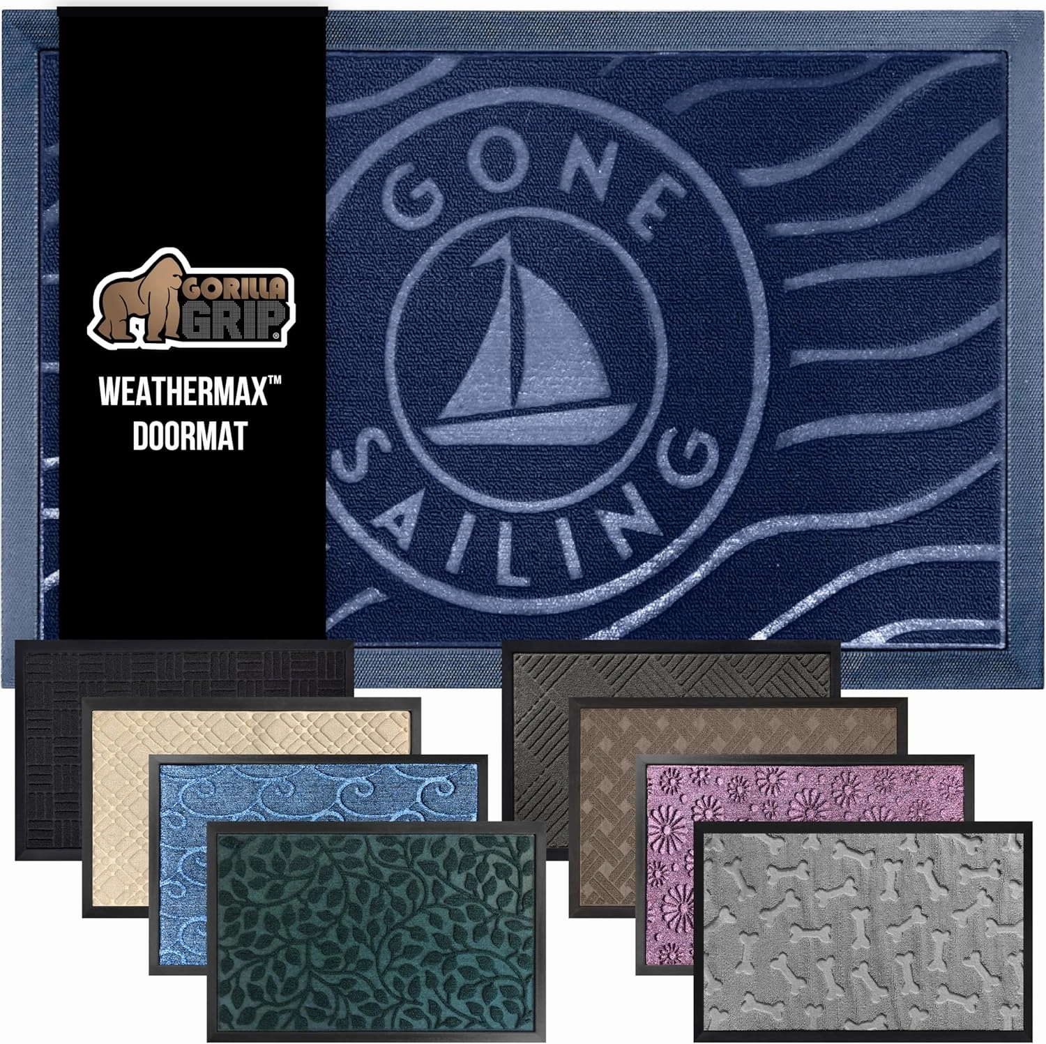 GORILLA GRIP 100% Waterproof All-Season WeatherMax Doormat, Durable Natural Rubber, Stain and Fade Resistant, Low Profile, Indoor Outdoor Door Mats, Easy Clean Patio Entrance Mat, 17x29, Blue Sailing