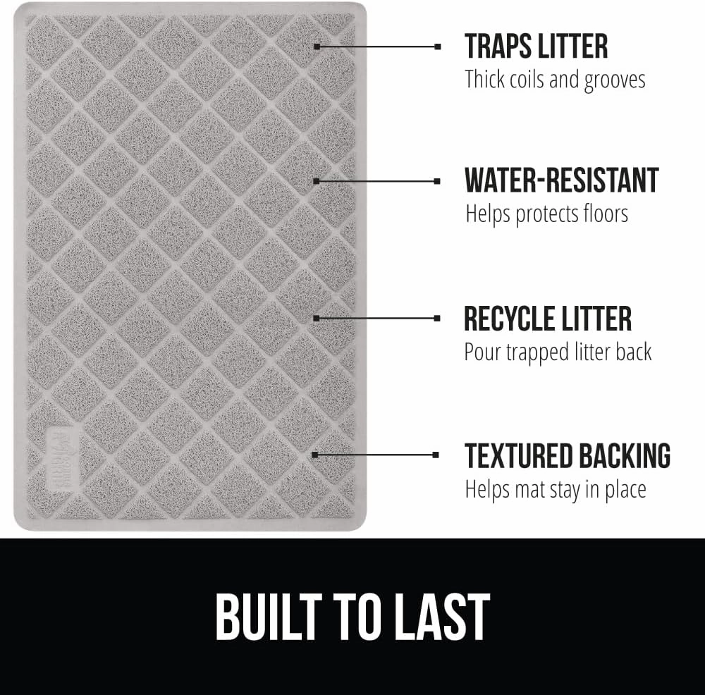 GORILLA GRIP Cat Litter Box Mat, Water Resistant Kitty Litter Trapping Mat, Textured Backing, Easy to Clean, Less Waste and Clean Floors, Kitten Supplies for Indoor Cats, Soft on Paws, 30x20 Lt Gray