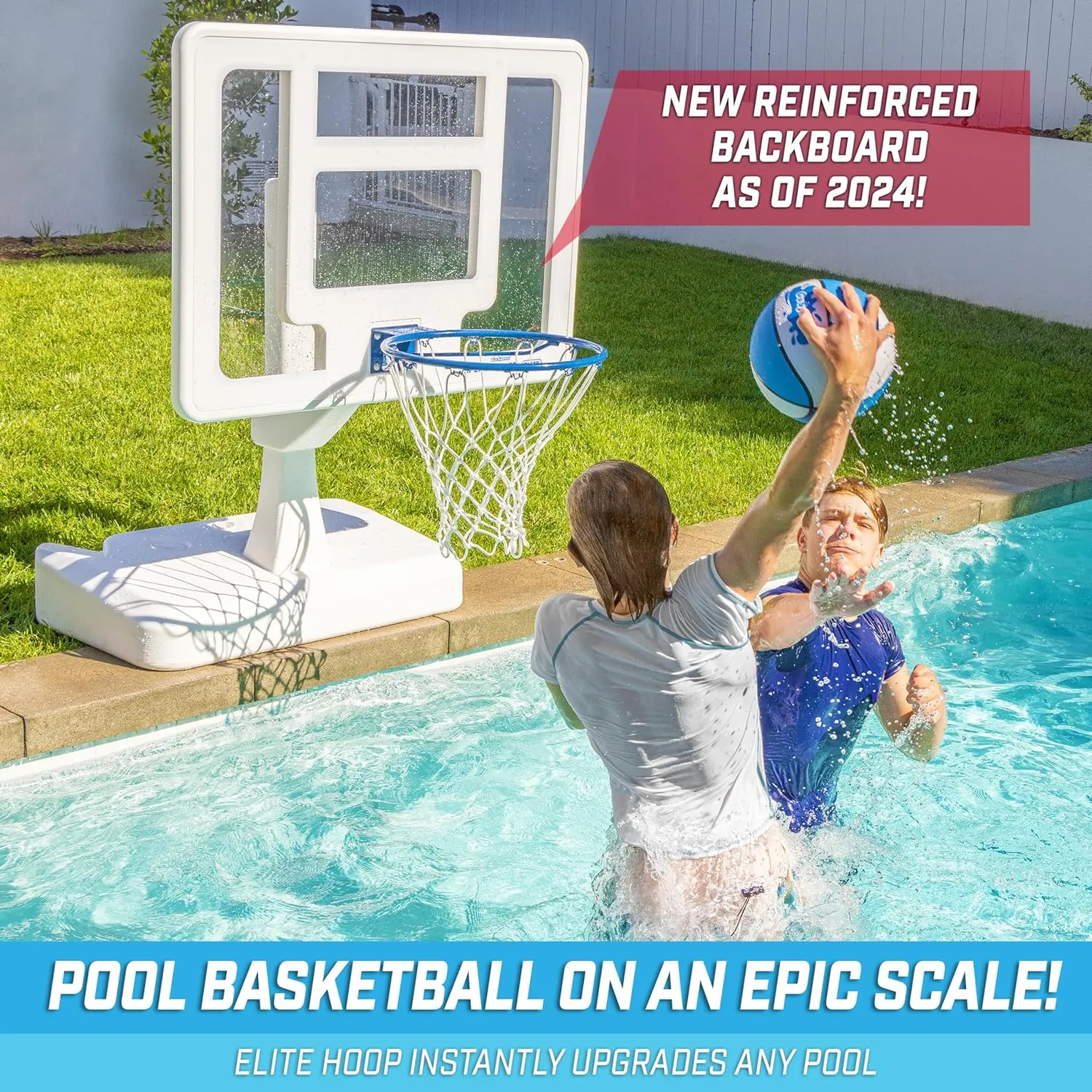 GoSports Splash Hoop Elite - Adjustable Height or Fixed Post - Pool Hoop Basketball Game with Water Weighted Base, Regulation Steel Rim and 2 Pool Basketballs