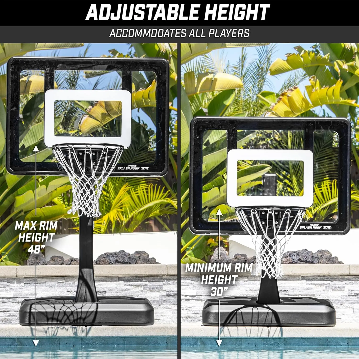 GoSports Splash Hoop Elite - Adjustable Height or Fixed Post - Pool Hoop Basketball Game with Water Weighted Base, Regulation Steel Rim and 2 Pool Basketballs